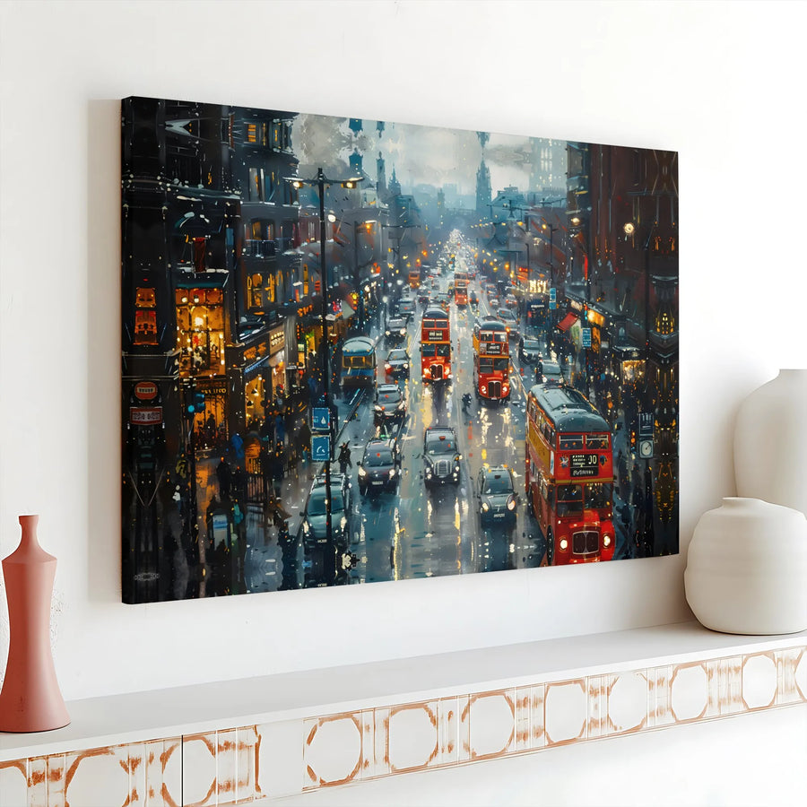 Rainy London Cityscape Wall Art | Impressionist Urban Painting with Red Buses | Premium Canvas Print | Living Room & Office Decor Gift