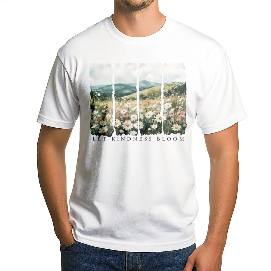 Let Kindness Bloom T-Shirt | Watercolor Wildflower Meadow Graphic | Soft 100% Cotton Tee | Inspirational Gift, Positive Message Shirt