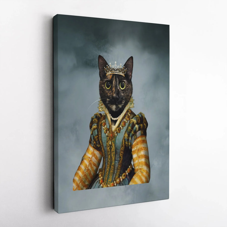 Royal Tortoiseshell Cat Portrait | Renaissance Queen in Crown & Gown | Gallery-Wrapped Canvas Art | Premium Pet Lover Gift Home Decor