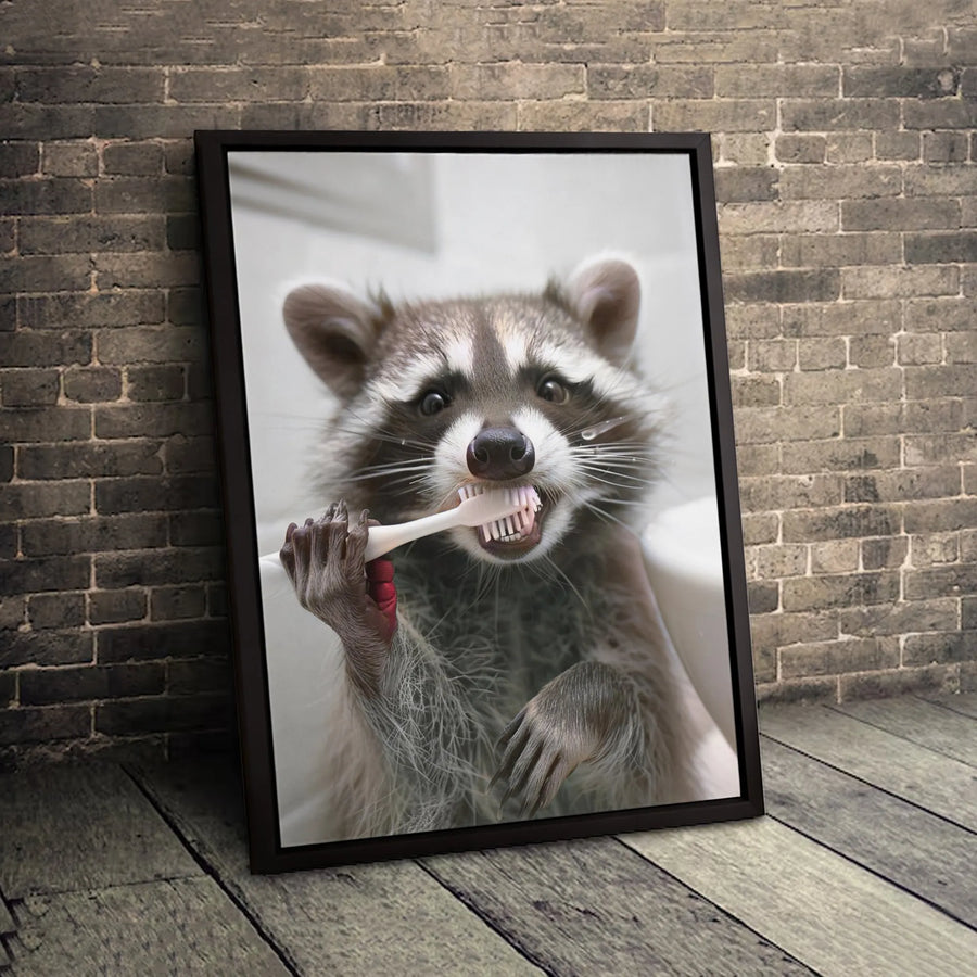 Funny Raccoon Brushing Teeth Canvas Art | Whimsical Bathroom Wall Decor | Premium 1.25-inch Thick Profile | Unique Gift for Animal Lovers