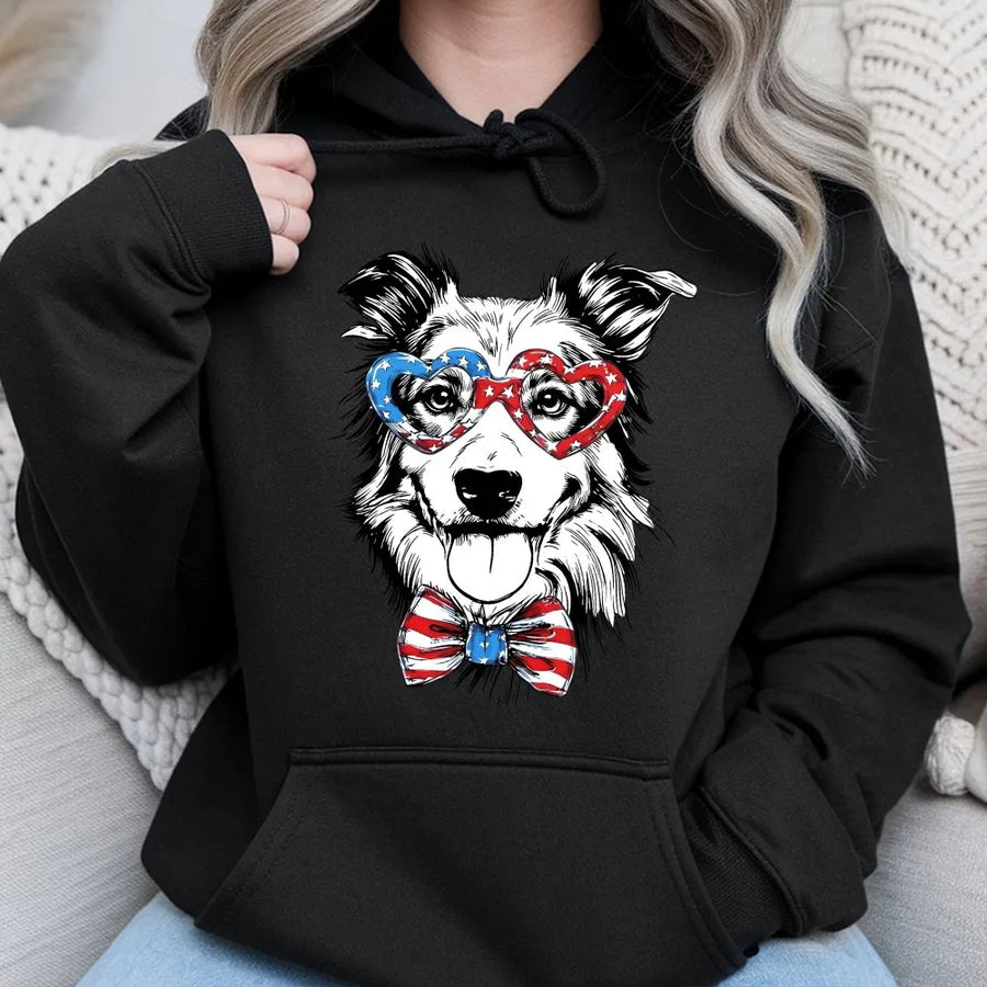 Patriotic Dog Hoodie | Border Collie with USA Flag Glasses | Soft Cotton Blend Pullover | Unisex 4th of July Gift for Dog Lover