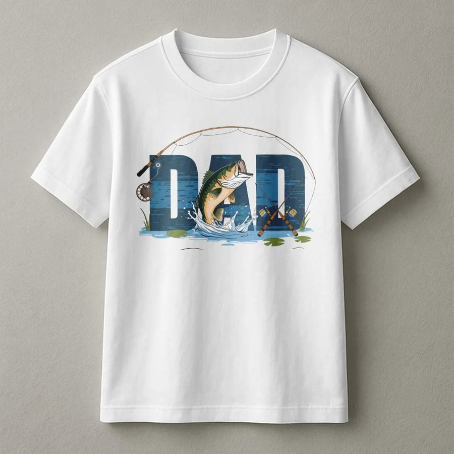 Fishing Dad T-Shirt | Jumping Bass Graphic Design | 100% Cotton Premium Tee | Unique Gift for Fisherman, Outdoorsman, Husband