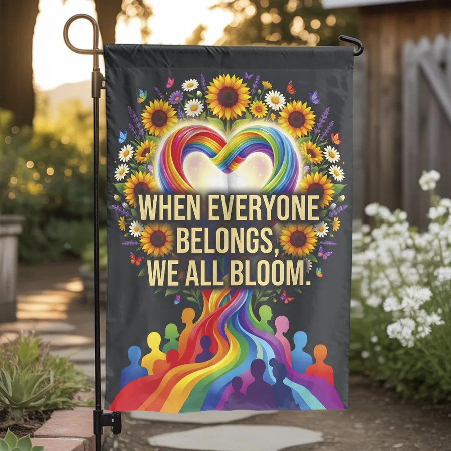 Inclusion Garden Flag | "When Everyone Belongs" Quote & Rainbow Sunflowers | Premium Double Sided Polyester | LGBTQ+ Ally Pride Yard Decor Gift