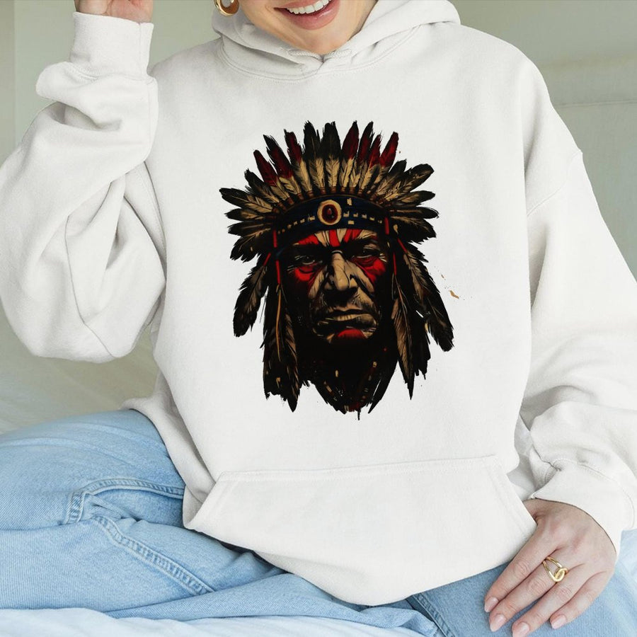 Chief Headdress Hoodie | Native American Warrior Art Graphic | Premium Cotton Blend Pullover | Unisex Gift for Heritage Lovers