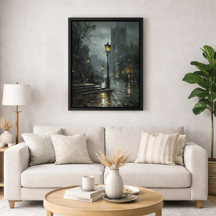 Gothic City Street Canvas Wall Art | Moody Rain-Slicked London Alley Scene | Premium Gallery-Wrapped Print | Atmospheric Home Decor Gift
