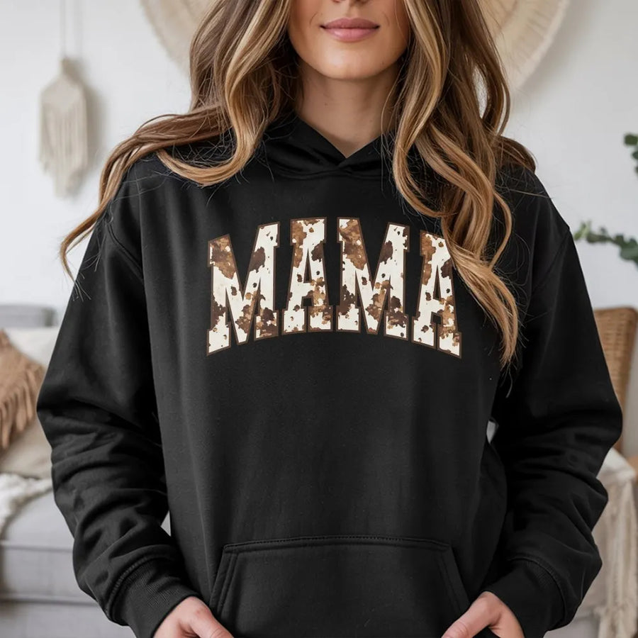 Mama Cow Print Hoodie | Western Farmhouse Graphic Pullover | Cozy Cotton Blend | Trendy Mothers Day Gift for New Mom
