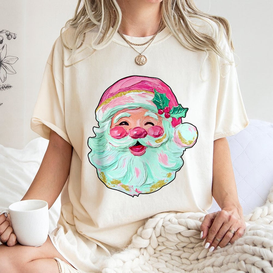 Retro Santa T-Shirt | Textured Brushstroke Christmas Design | 100% Cotton Premium Tee | Festive Holiday Gift for Women and Men