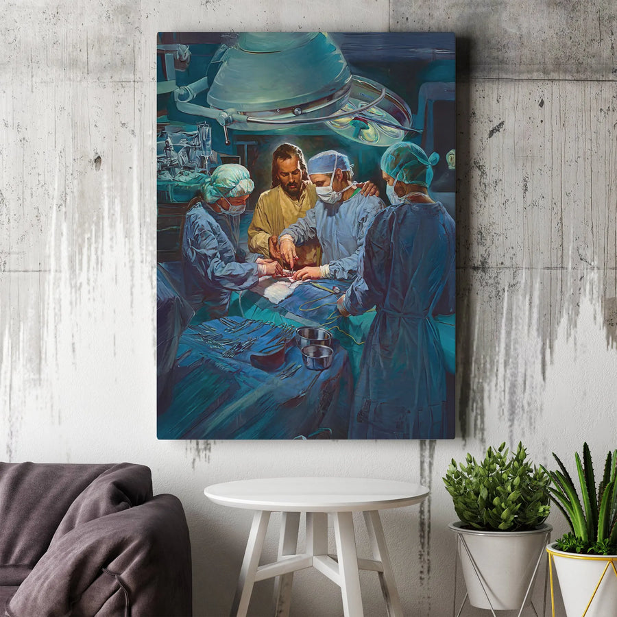 Jesus Guiding Surgeon Canvas Art | Operating Room Medical Wall Decor | Premium Gallery Wrap Print | Christian Gift for Doctor or Surgeon