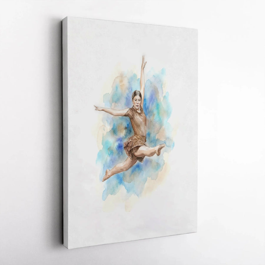 Watercolor Ballerina Wall Art | Leaping Female Dancer Print | Premium Gallery Wrapped Canvas | Elegant Dance Studio Decor Gift
