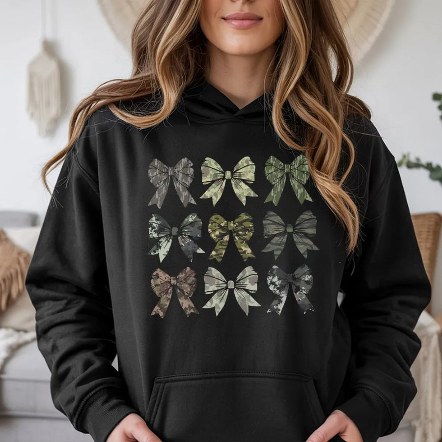 Camo Bow Hoodie | Country Girl Aesthetic Graphic Sweatshirt | Premium Cotton-Poly Blend | Cute Hunting Apparel Gift for Women