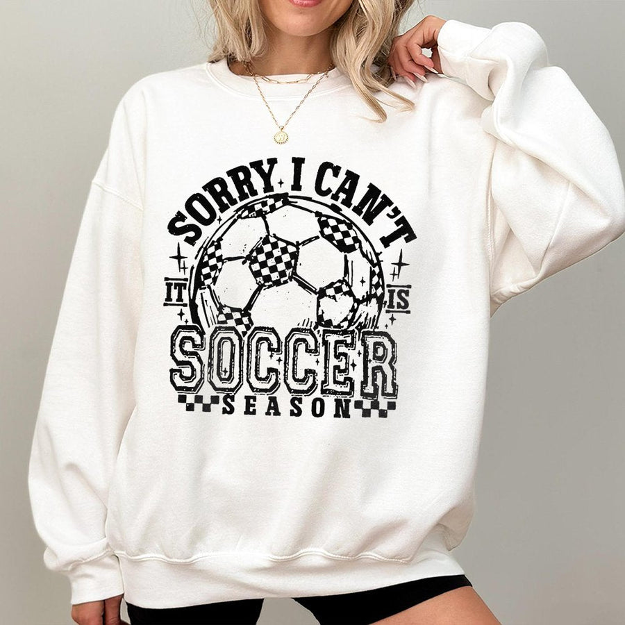 Sorry I Can't It's Soccer Season Sweatshirt | Retro Checkered Ball Graphic | Premium Cotton Blend | Gift for Soccer Moms and Players