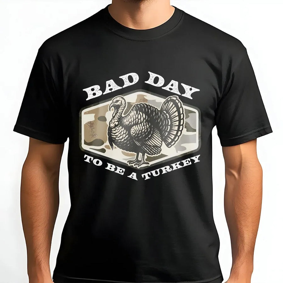 Turkey Hunting T-Shirt | Funny 'Bad Day To Be A Turkey' Camo Graphic | Premium Cotton Blend | Gift for Hunter & Outdoorsman