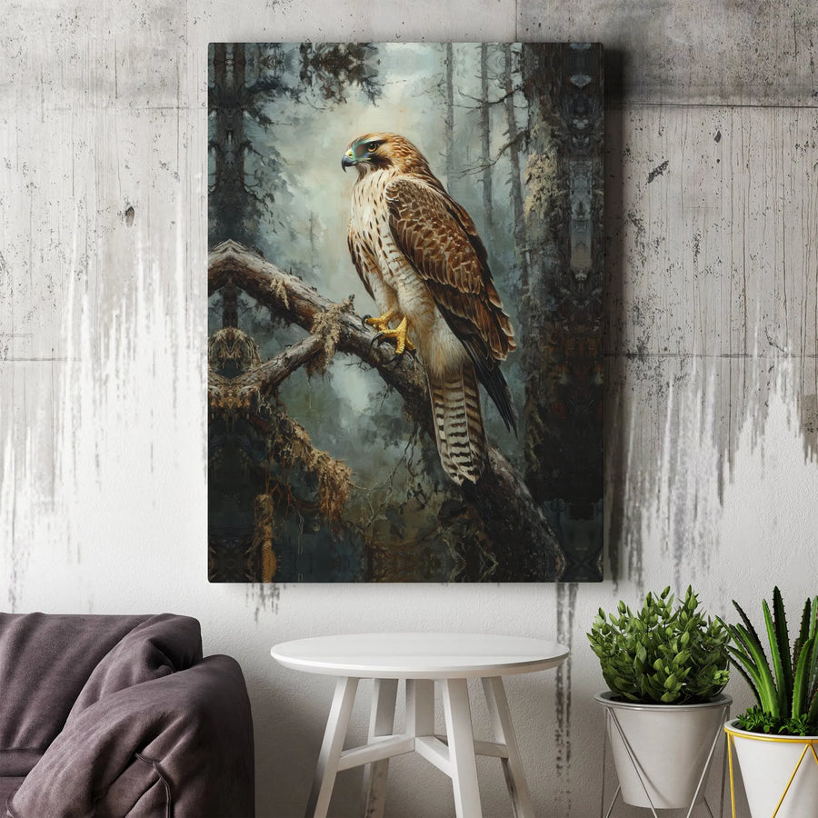 Hawk Canvas Wall Art | Majestic Forest Hawk Painting Print | Premium Gallery Wrapped Canvas | Nature Lover Gift & Rustic Cabin Decor