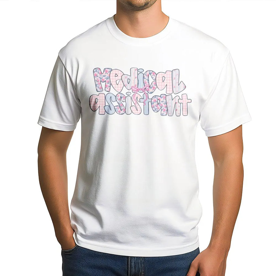 Medical Assistant T-Shirt | Coquette Floral Pastel Design | Soft Cotton Blend Pullover | Gift for MA Grad & Healthcare Worker