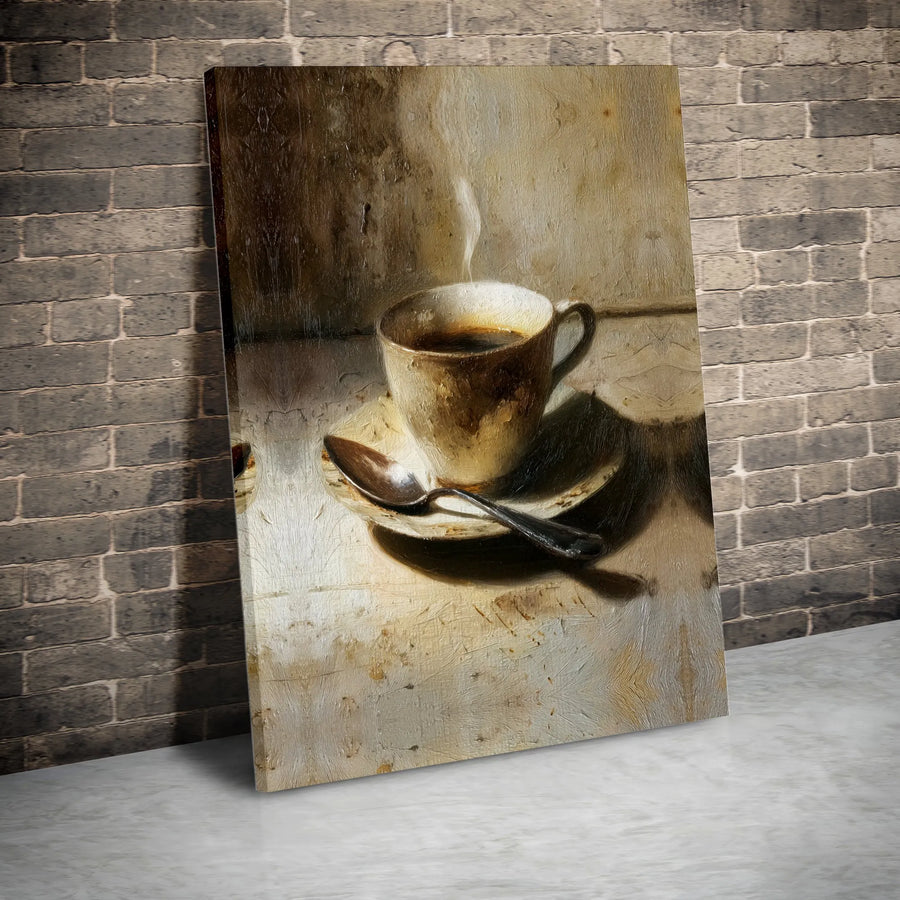 Coffee Cup Canvas Wall Art | Rustic Still Life Painting Print | Premium Thick Gallery Wrap | Kitchen & Cafe Wall Decor Gift