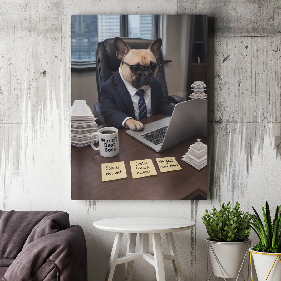 French Bulldog Boss Canvas Print | Funny Dog Office Desk Wall Art | Premium Gallery Wrap Decor | Professional Animal Gift for Coworker