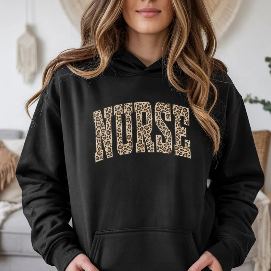 Leopard Print Nurse Hoodie | Collegiate Varsity Lettering | Premium Crewneck | Gift for RN, Registered Nurse, or Nursing School Student