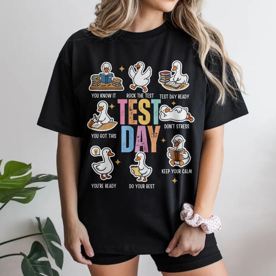 Test Day Goose T-Shirt | Funny Encouraging School Mascot Graphic | 100% Cotton Premium Tee | Motivational Gift for Teachers and Students