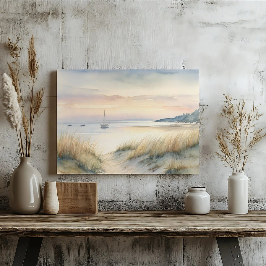 Coastal Seascape Canvas Print | Watercolor Sailboat at Sunset | Premium Gallery Wrap Canvas | Nautical Beach House Decor Gift