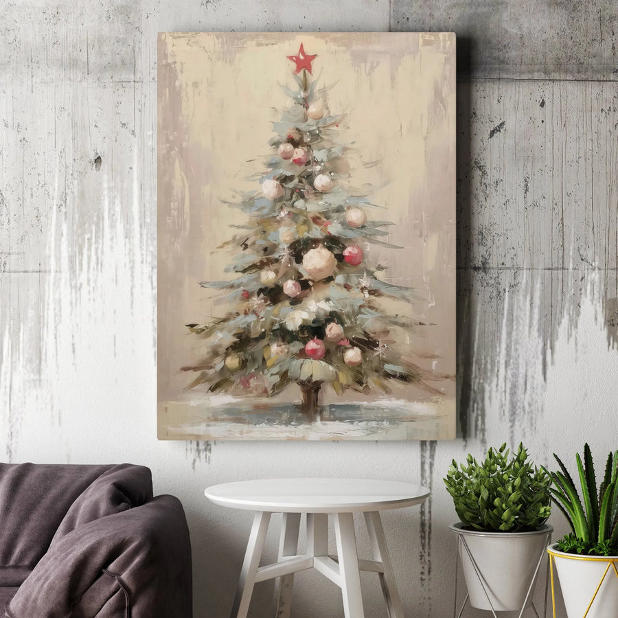 Christmas Tree Canvas Wall Art | Painterly Holiday Tree With Red Star | 1.25-Inch Gallery Wrap Print | Festive Neutral Home Decor Gift