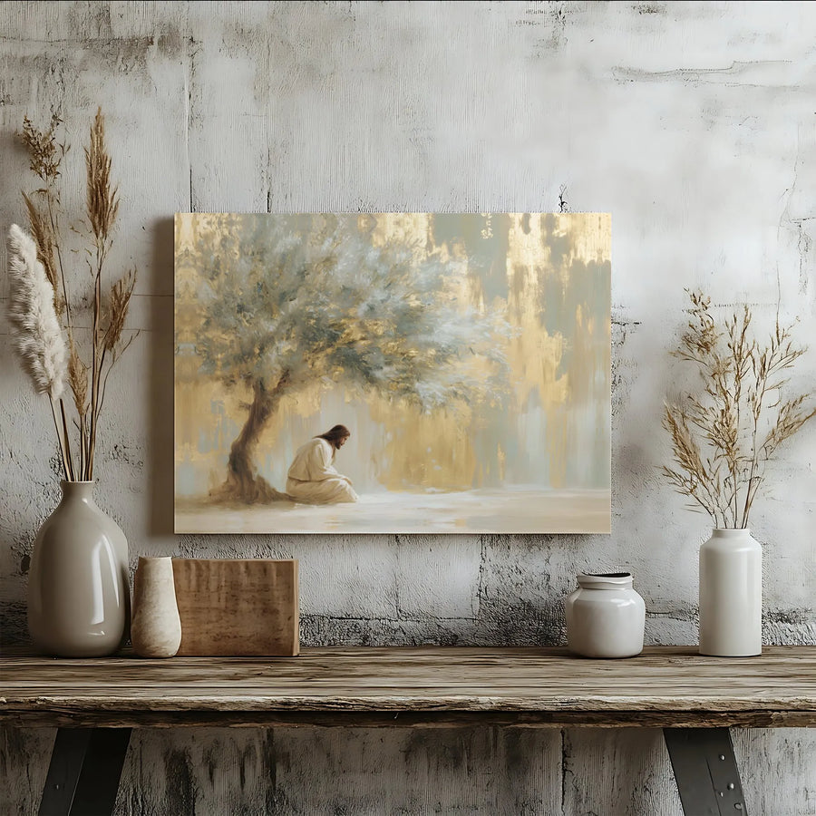 Jesus Praying Under Olive Tree Wall Art | Gold Abstract Religious Canvas | Premium Gallery Wrapped Decor | Christian Home Gift For Believers
