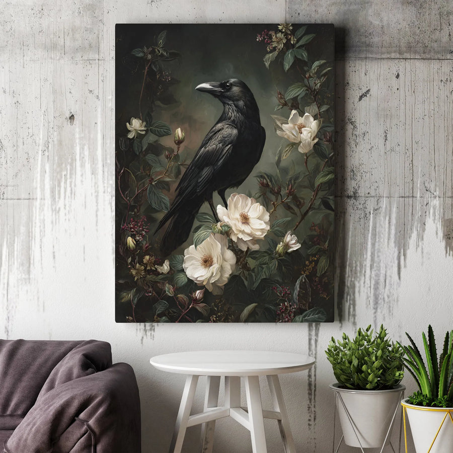 Gothic Raven Canvas Wall Art | Dark Academia Floral Aesthetic | Premium Gallery Wrap Print | Moody Victorian Home Decor Gift