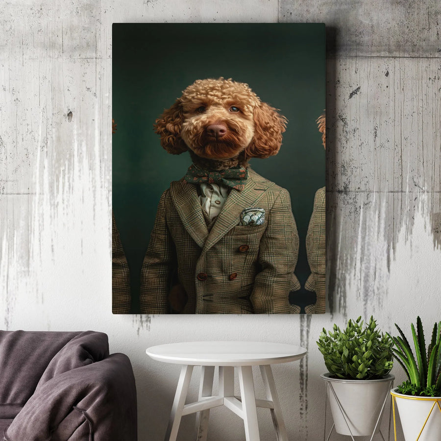 Dapper Poodle Canvas Wall Art | Anthropomorphic Dog in Vintage Tweed Suit | Premium Gallery Wrapped Canvas | Unique Home Decor Gift for Dog Lovers