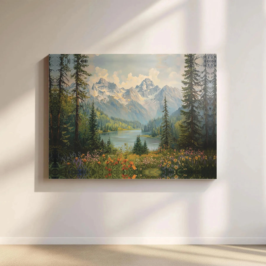 Mountain Lake Landscape Canvas Art | Wildflower Meadow Pine Forest Print | Premium Gallery-Wrapped Wall Decor | Nature-Inspired Home Gift