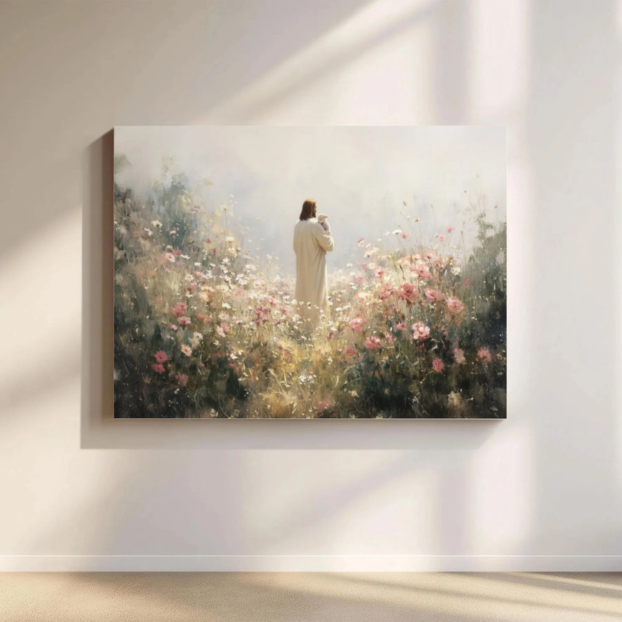 Jesus With Lamb Canvas Wall Art | Christian Floral Meadow Oil Painting Style | Premium 1.25" Gallery Wrap | Religious Home Decor Gift