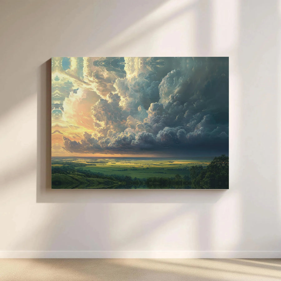 Dramatic Cloudscape Canvas Wall Art | Epic Sunset Over Green Fields | Premium Fade-Resistant Print | Living Room Decor Gift