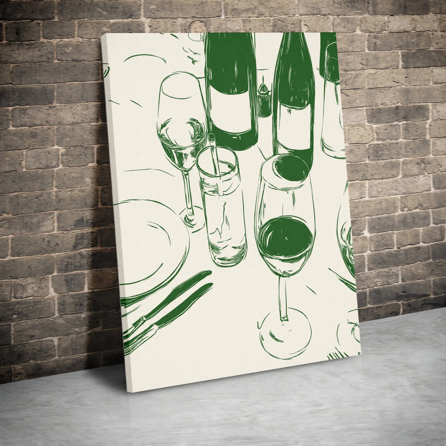 Wine Dinner Table Canvas Art | Minimalist Green Line Sketch | Premium Gallery Wrapped Print | Modern Kitchen and Dining Room Decor