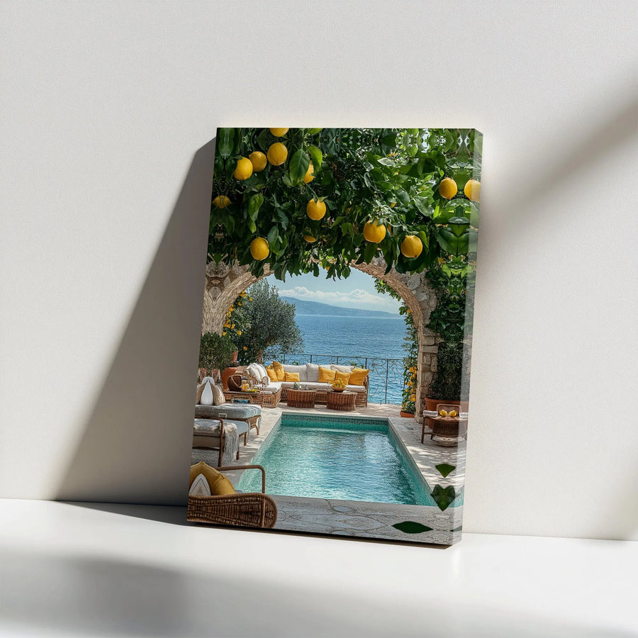 Amalfi Coast Mediterranean Pool Vertical Canvas | Italian Villa Lemon Tree Archway Scene | Premium 1.25” Gallery Wrap | Aesthetic Home Decor Gift for Travel Lovers