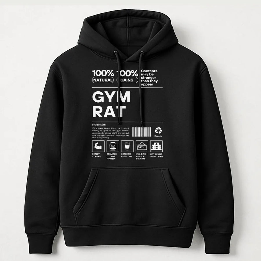 Gym Rat Hoodie | Funny Nutrition Facts Workout Design | Premium Cotton Blend | Gift for Bodybuilder or Weightlifter