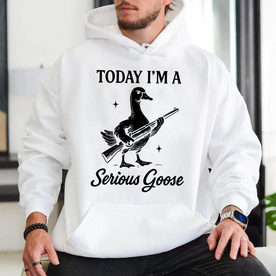Serious Goose Hoodie | Funny Armed Duck Graphic Sweatshirt | Premium Cotton Blend Pullover | Quirky Animal Lover Gift Idea
