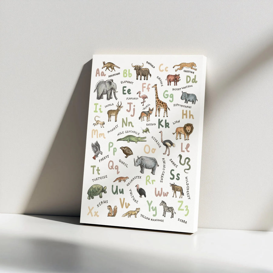 Animal Alphabet Canvas Wall Art | Educational Safari Wildlife Illustrations | Premium Gallery Wrapped Canvas | Nursery & Playroom Decor Gift