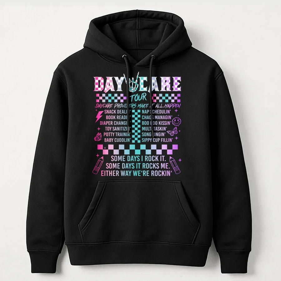 Funny Daycare Worker Hoodie | Retro Concert Tour Graphic | Soft Cotton Blend Pullover | Appreciation Gift for Childcare Provider