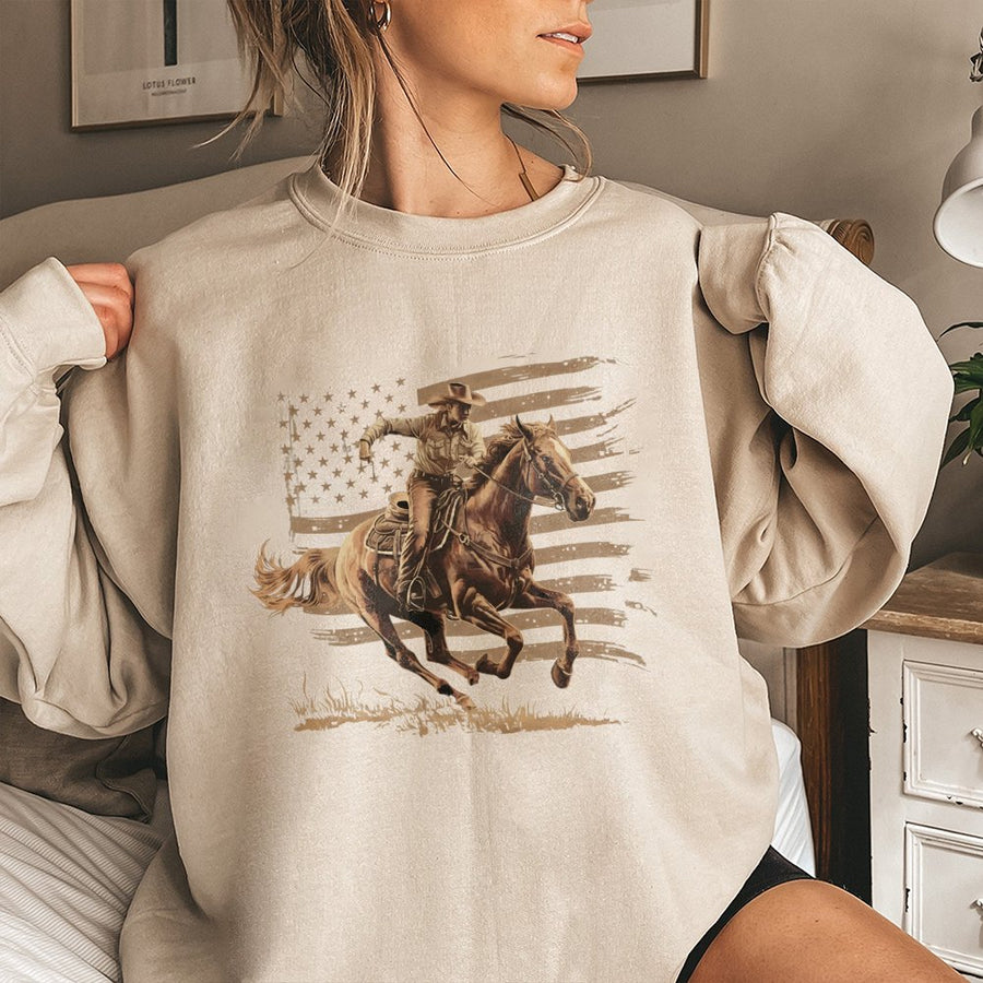 Western Cowboy Horse Sweatshirt | Patriotic American Flag Graphic | Premium Cotton Blend Crewneck | Unisex Country Style Gift for Men and Women