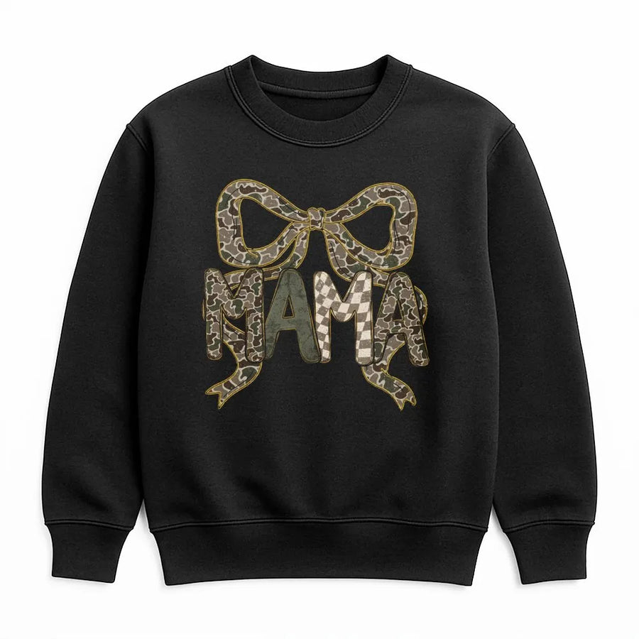 Mama Sweatshirt With Bow | Camo Print Graphic Design | Premium Cotton Blend Crewneck | Cute Mother's Day 2026 Gift For New Moms
