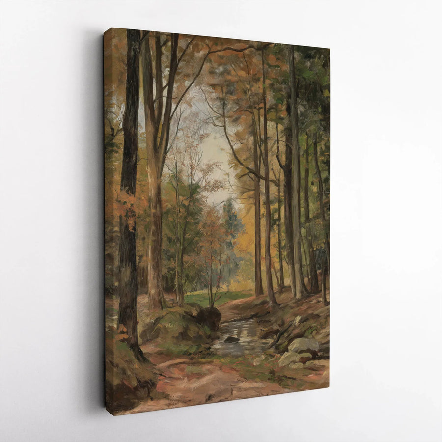 Autumn Forest Landscape Canvas Art | Rustic Woodland Stream Wall Decor | Gallery Quality Premium Print | Cozy Nature Inspired Home Gift
