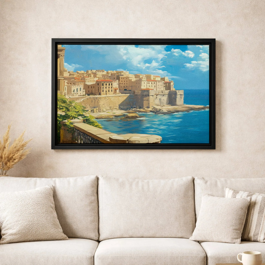 Mediterranean Coastal Village Canvas Print | Sunny Seaside Landscape Wall Art | Gallery Quality Premium Finish | Decor for Living Room Office