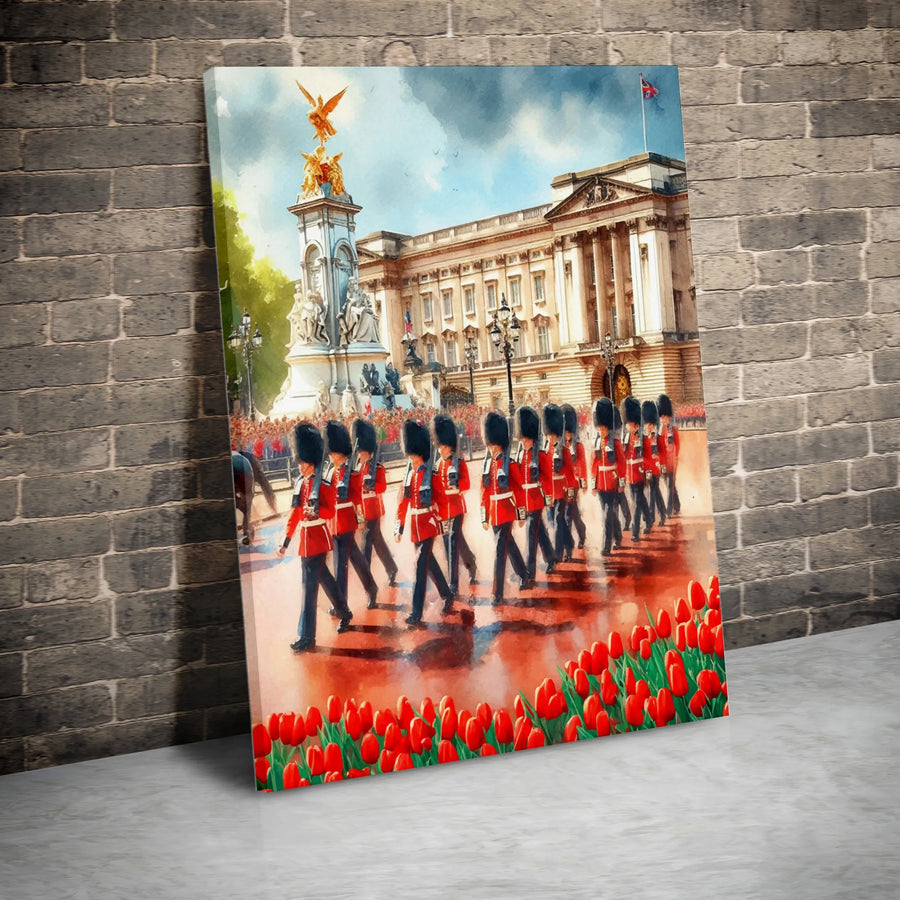 London Royal Guards Canvas Print | Buckingham Palace Watercolor Wall Art | Premium 1.25-Inch Gallery Wrap | Travel Decor Gift for England Lovers