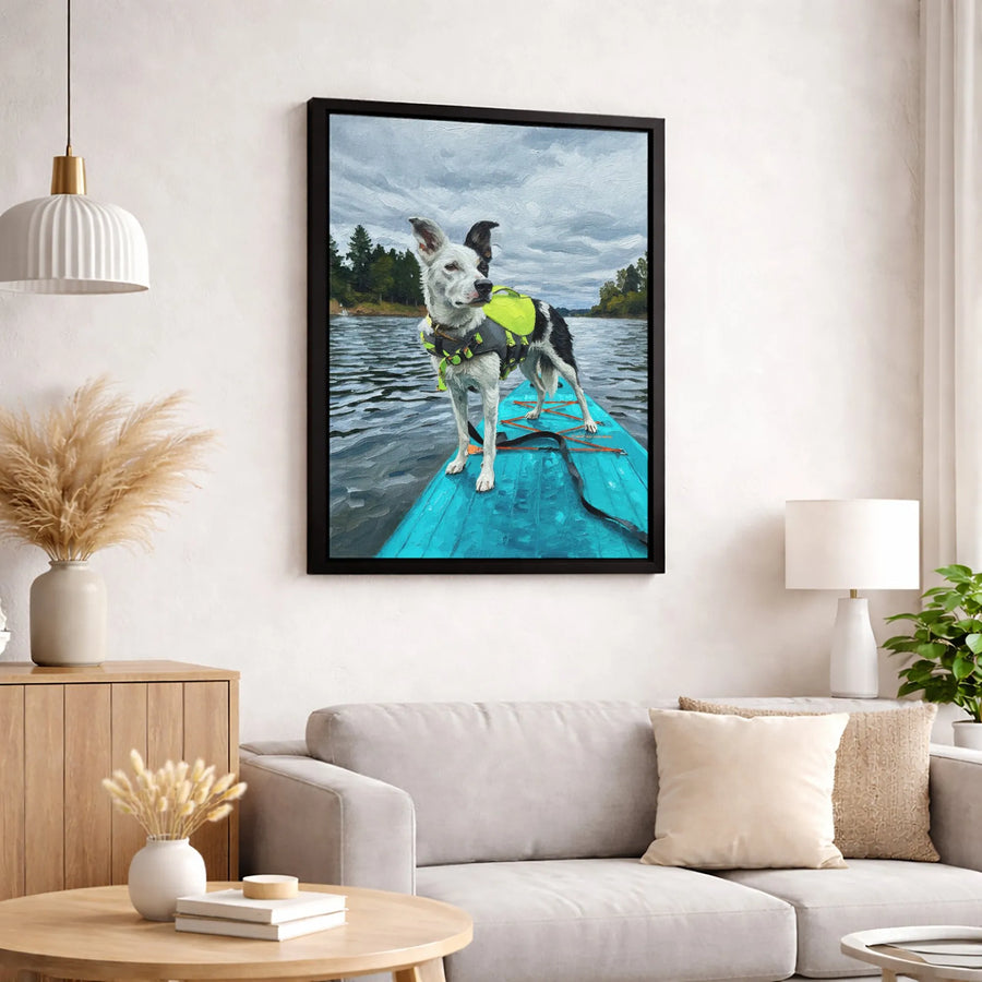 Dog On Paddleboard Canvas Art | Oil Painting Style Pet Portrait | 1.25-Inch Gallery Wrap | Adventure Dog Decor Gift For Pet Lovers