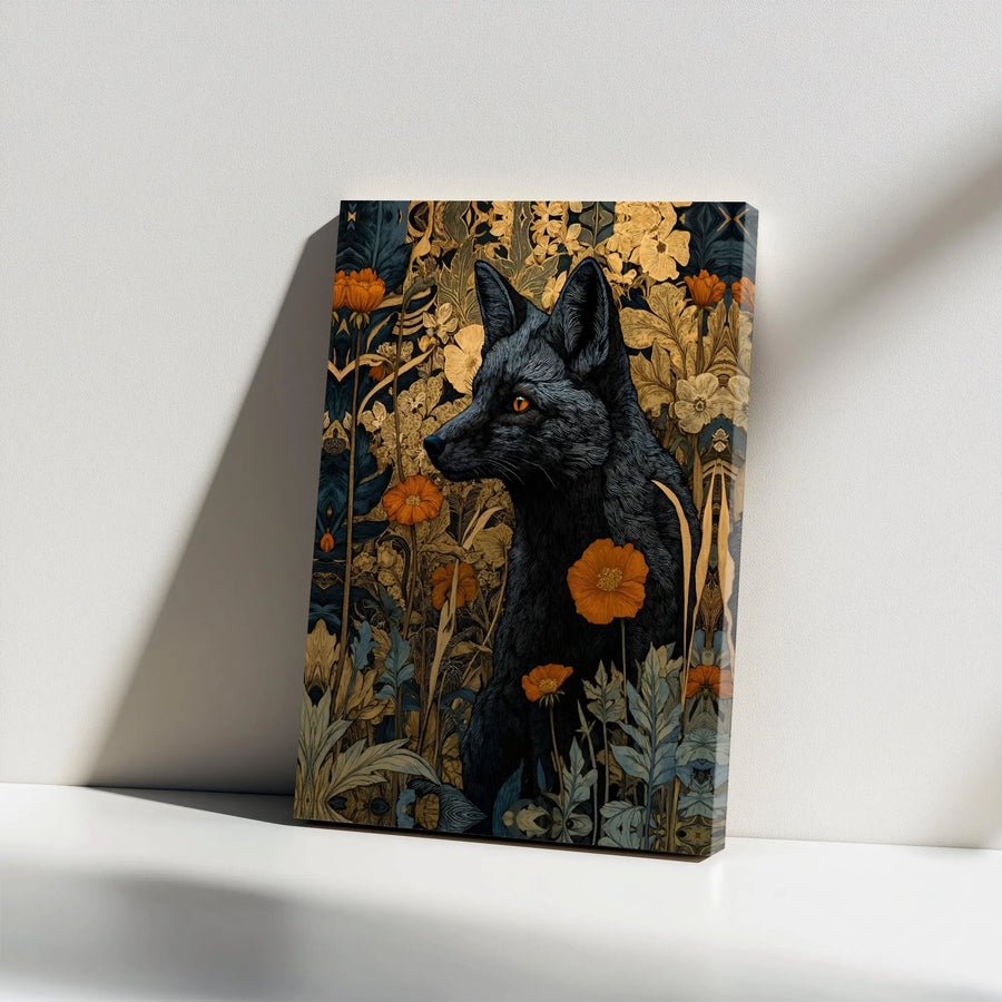 Black Fox Canvas Wall Art | Art Nouveau Floral Nature Print | Premium Gallery Wrap Decor | Wildlife Lover Gift For Home Office