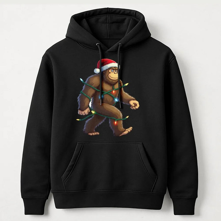 Bigfoot Christmas Lights Hoodie | Funny Sasquatch Santa Hat Graphic | Premium Cotton Blend Sweatshirt | Unique Holiday Gift For Men And Women