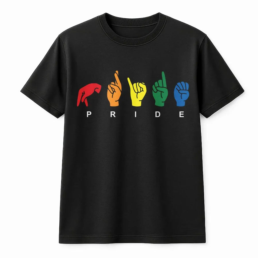 Pride Sign Language T-Shirt | Rainbow ASL Fingerspelling Graphic | Soft Cotton Blend | LGBTQ Ally Gift for Pride Month