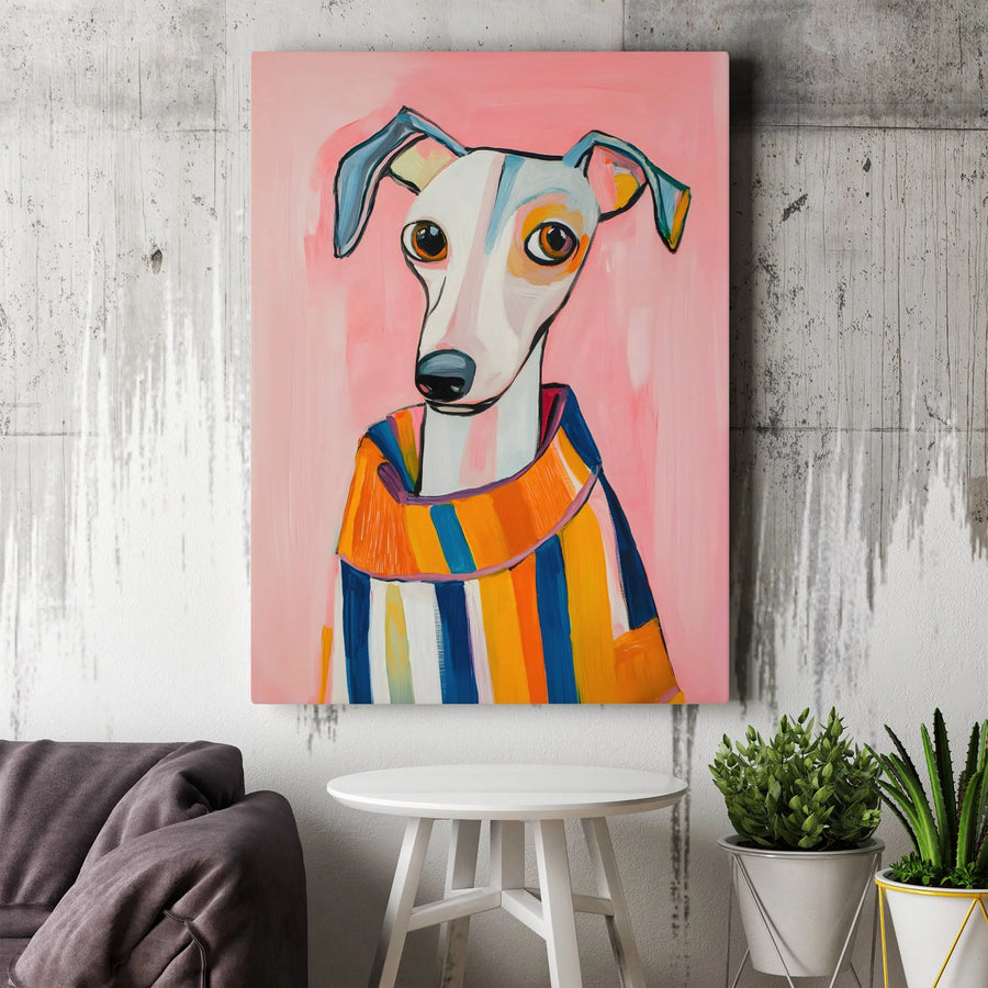 Pop Art Greyhound Canvas Wall Art | Colorful Dog in Striped Sweater | Premium Gallery Wrapped Canvas | Gift for Italian Greyhound Owner & Pet Lover