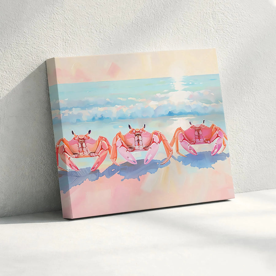 Coastal Crab Canvas Art | Modern Pastel Seascape with Three Crabs | Premium Fade-Resistant Print | Beach House Home Decor Gift