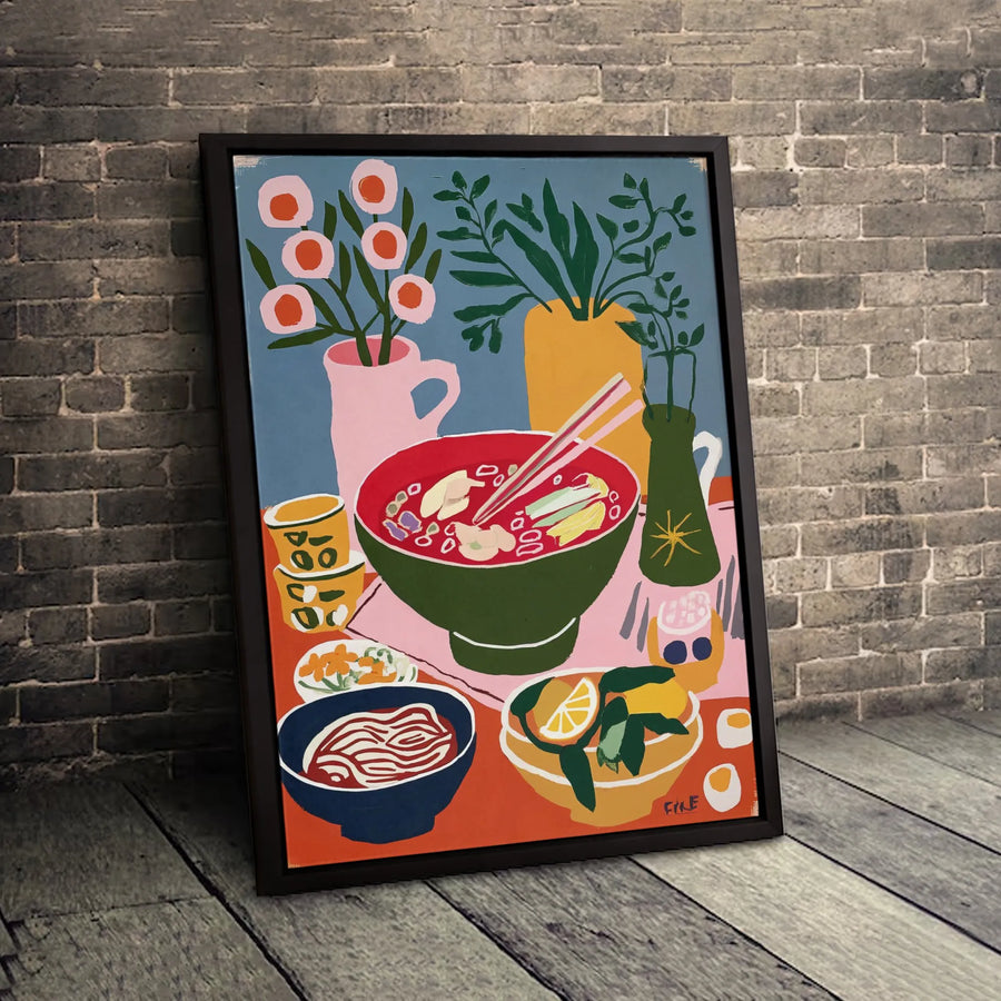 Ramen Noodle Soup Wall Art | Colorful Abstract Food Illustration | Premium 1.25-Inch Gallery Wrapped Canvas | Modern Kitchen Dining Decor
