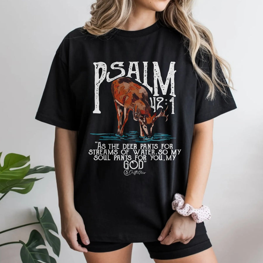 Psalm 42:1 Deer T-Shirt | Christian Bible Verse Graphic | Premium Soft Cotton Apparel | Faithful Hunting Gift for Outdoorsmen