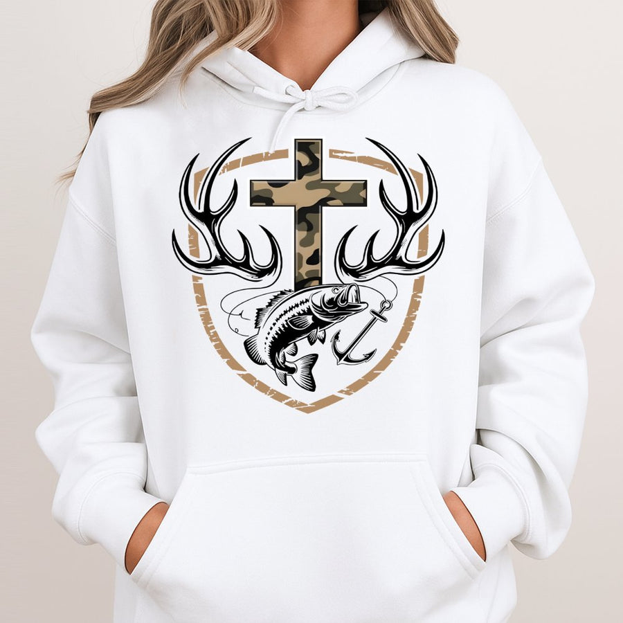 Faith Hunting Hoodie | Camo Cross With Deer Antlers And Fishing Hook Graphic | Premium Cotton Blend | Christian Outdoorsman Gift For Men And Women